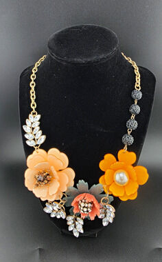 Plunder Design Bib Necklace Orange Peach Floral Acrylic Resin Pearl Gem